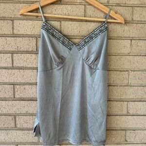 Y2K Weavers Gray Satin Camisole, Sequin Beaded V-Neck Tank Top Size Medium